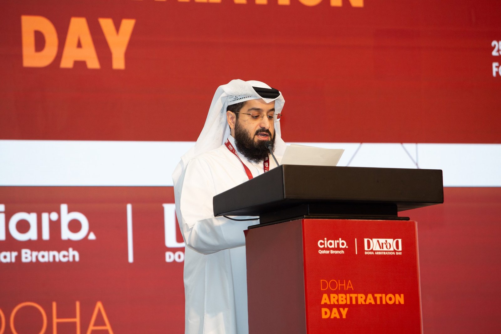 Speaker addressing delegates at the 1st Doha Arbitration Day