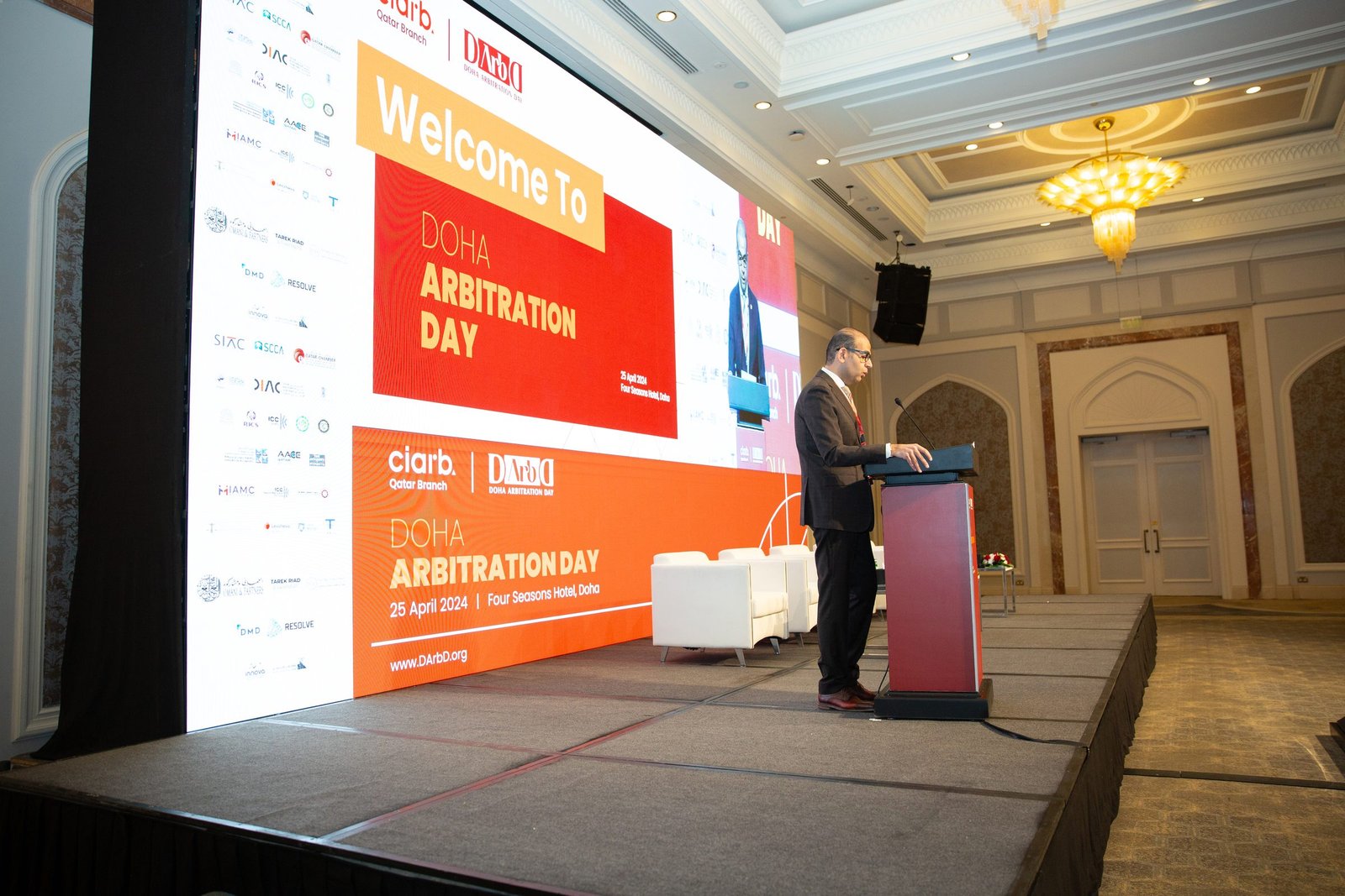 Welcome address from the main stage at the 1st Doha Arbitration Day